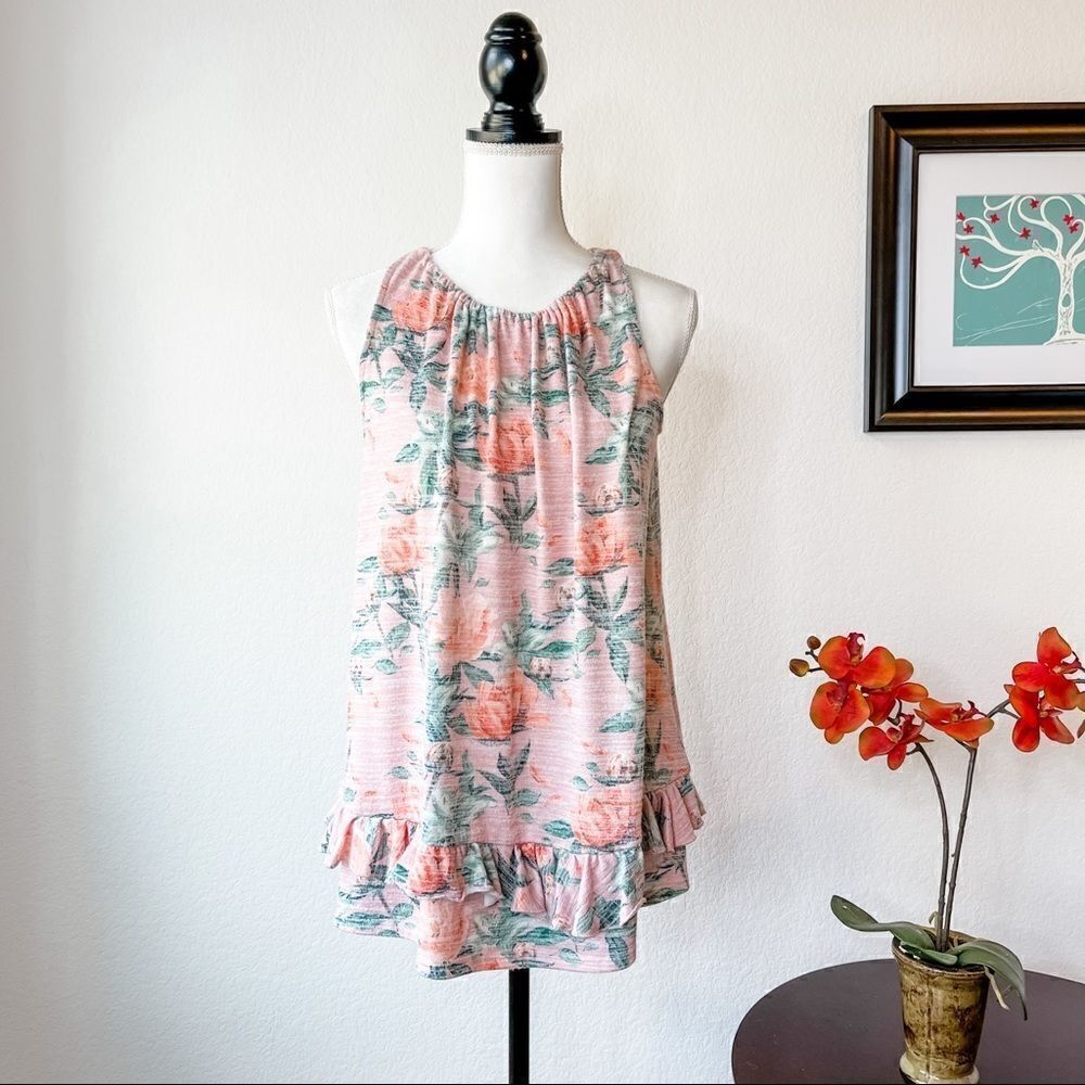 🍋 Cupio • Women’s Sleeveless Pink Flowered Ruffle Hem Top Size M
